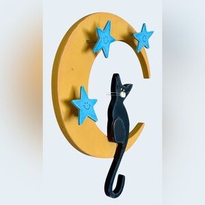 Black Cat Crescent Moon Stars Hanging Wooden Wall Decor 10”x10”